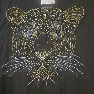 Tultex Womens Graphic‎ Shirt Large Black Rhinestones Leopard Short Sleeve NEW